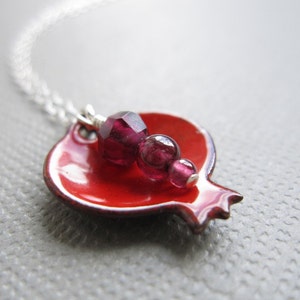 Pomegranate Necklace Red Enamel Judaica Garnet Sterling Silver image 2