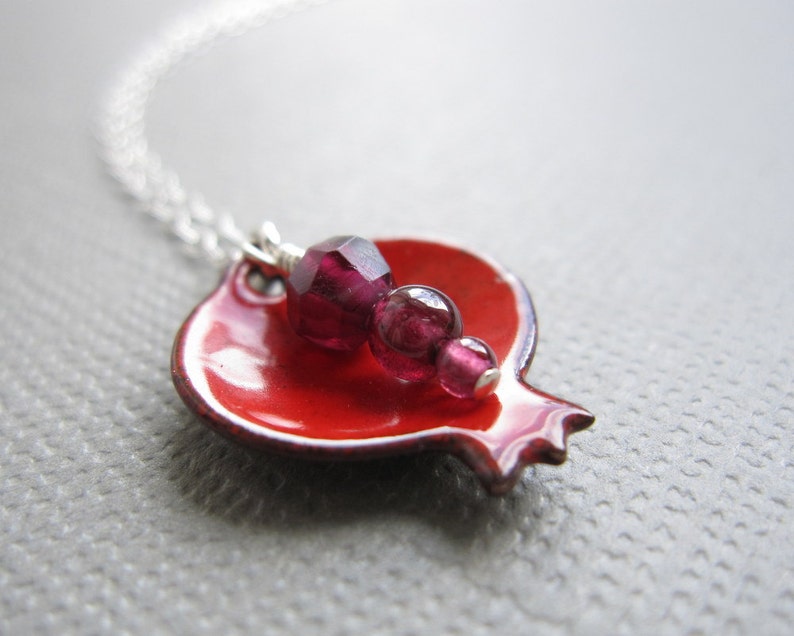 Pomegranate Necklace Red Enamel Judaica Garnet Sterling Silver image 2