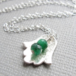 Hamsa Necklace Tiny Green Emerald Sterling Silver Jewish Judaica image 1