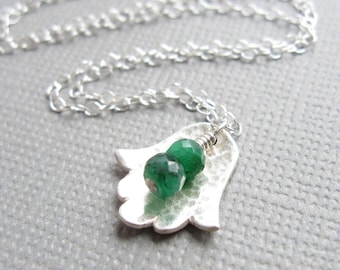 Hamsa Necklace Tiny Green Emerald Sterling Silver Jewish Judaica