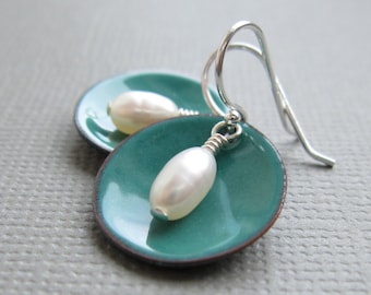 Spruce Green Enamel White Pearl Modern Minimalist Circle Earrings