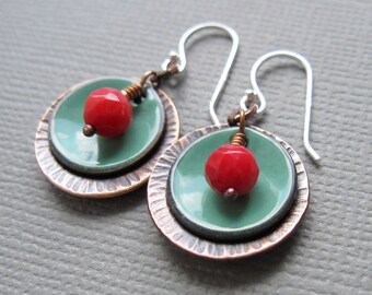 Mint Green Cherry Red Enamel Coral Copper Earrings