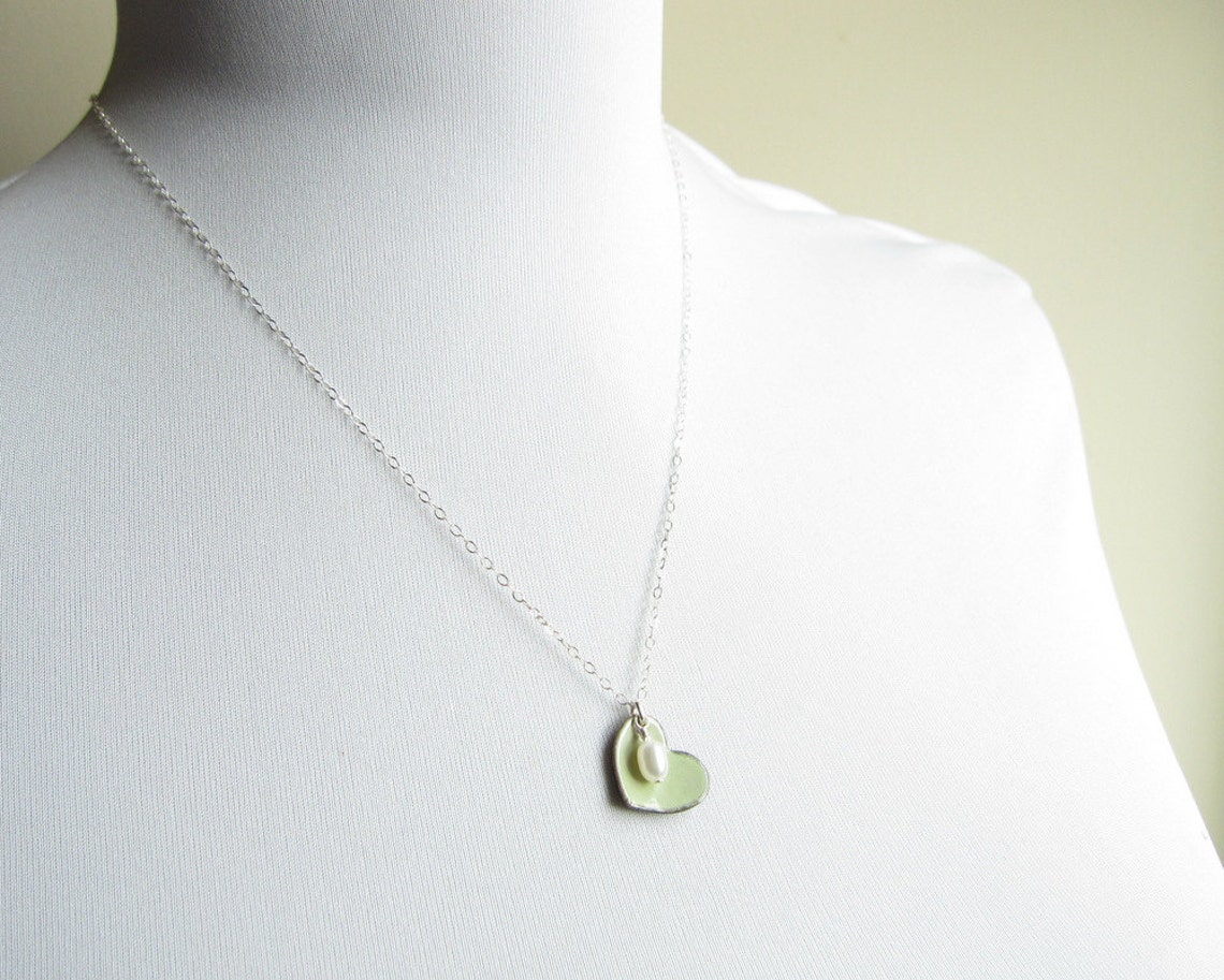 Tea Green Enamel Heart Necklace Pearl Sterling Silver Etsy