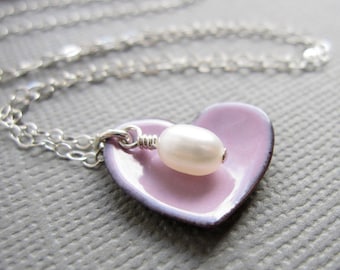 Pink Enamel Heart Necklace Pearl Sterling Silver