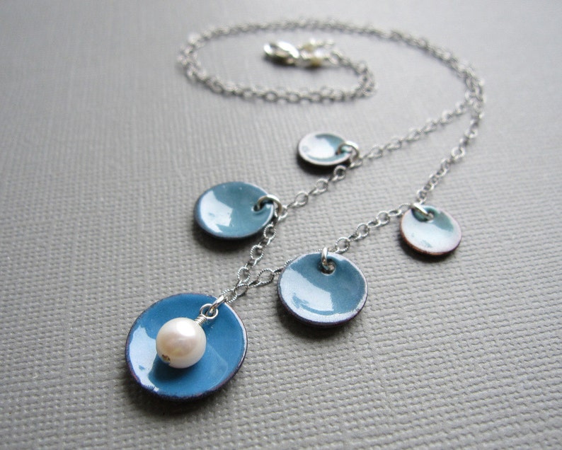 Ombre Dusk Blue Enamel Necklace White Pearl Sterling Silver image 3