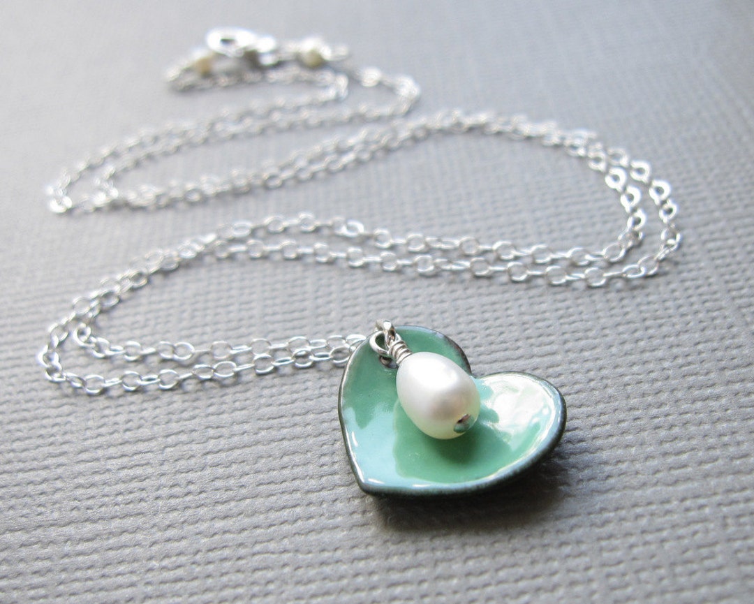 Mint Green Turquoise Enamel Heart Necklace White Pearl - Etsy