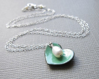 Mint Green Turquoise Enamel Heart Necklace White Pearl Sterling Silver