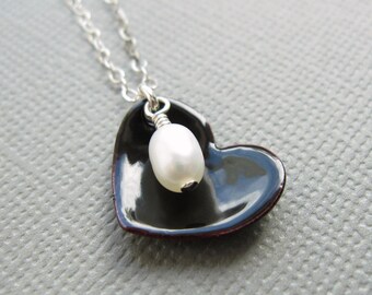 Black Enamel Heart Necklace Pearl Sterling Silver