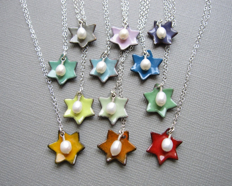 Jewish Star of David Necklace Choose Your Color Enamel White Pearl Sterling Silver image 4