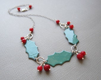 Holly Berry Christmas Necklace Red Coral Green Enamel Sterling Silver