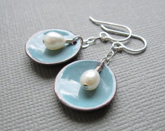 Enamel Dusk Blue Earrings White Pearl Sterling Silver