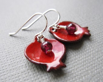 Pomegranate Earrings Red Enamel Garnet Sterling Silver Judaica