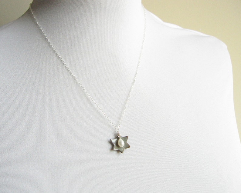 Dove Gray Jewish Star of David Necklace White Pearl Sterling Silver Enamel image 3