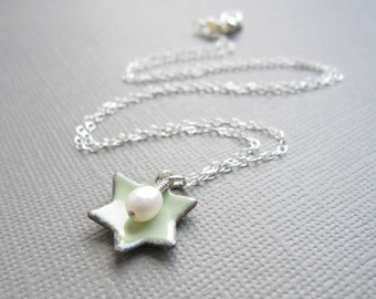 Pale Green Jewish Star of David Necklace White Pearl Sterling Silver