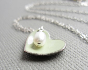 Tea Green Enamel Heart Necklace Pearl Sterling Silver