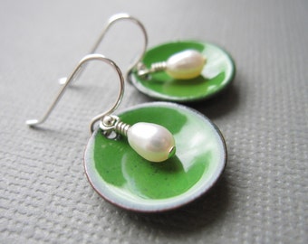 Hunter Green Modern Minimalist Earrings White Pearl