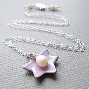 Pink Jewish Star of David Necklace Enamel White Pearl Sterling Silver image 1