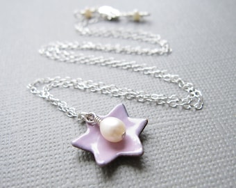 Pink Jewish Star of David Necklace Enamel White Pearl Sterling Silver