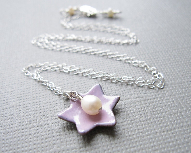 Pink Jewish Star of David Necklace Enamel White Pearl Sterling Silver image 1