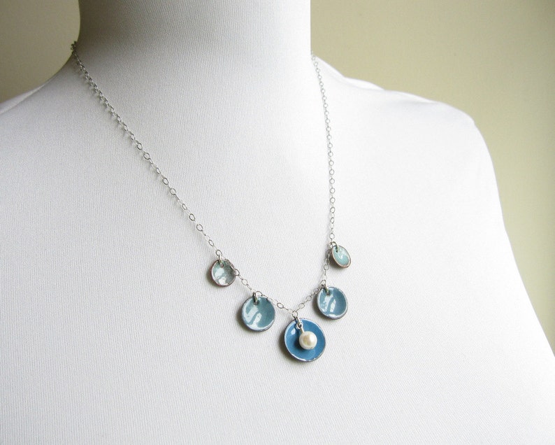 Ombre Dusk Blue Enamel Necklace White Pearl Sterling Silver image 2