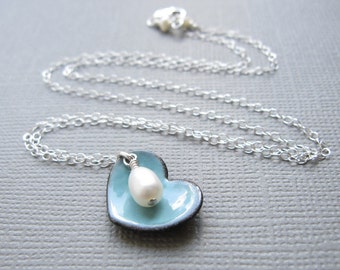 Dusk Blue Heart Necklace White Pearl Sterling Silver Enamel