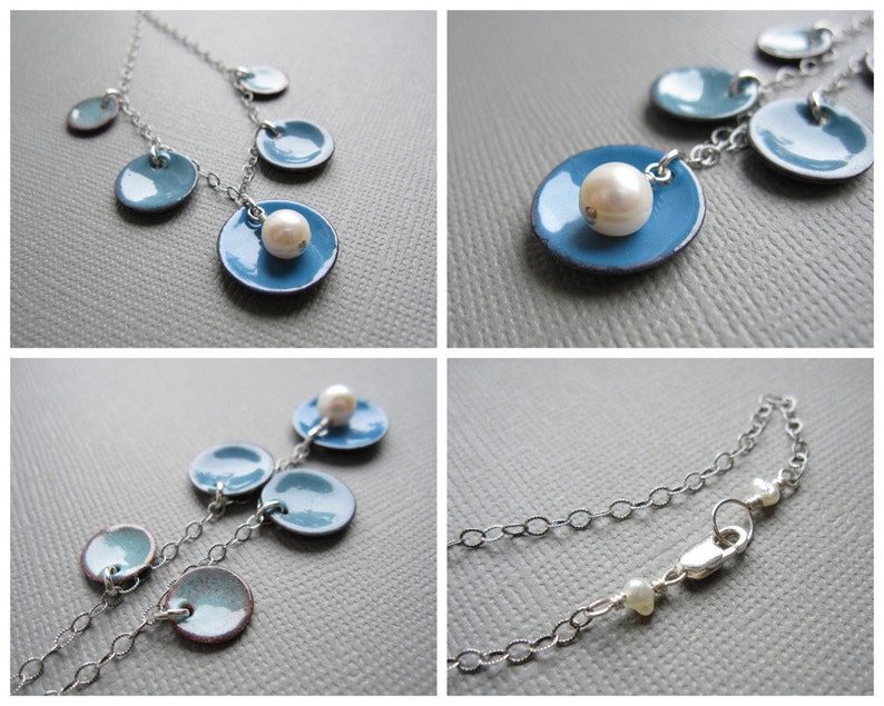 Ombre Dusk Blue Enamel Necklace White Pearl Sterling Silver image 5