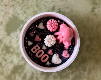 Pink Halloween Candle | Spooky Cute Ghost Candle | BOO Soy Wax Candle | Black & Pink Aesthetic Decor | Handmade Halloween Gift