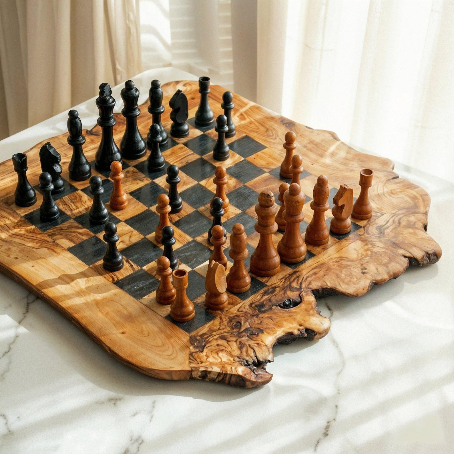 Handmade Olive Wood Chess Set with Pieces included and Rustic Edges: Personalized Gift | Custom Wooden Handmade Chess Set | MADE IN TEXAS