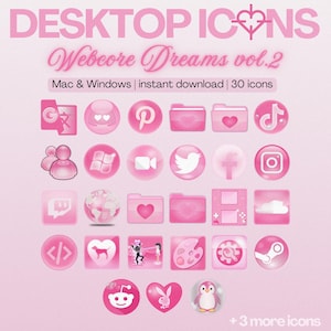 以下が含まれることがあります： 「DESKTOP ICONS」と「Webcore Dreams vol.2」の文字が入ったピンク色のデスクトップアイコン。アイコンには、ソーシャルメディアのロゴ、フォルダ、その他のシンボルが含まれています。画像には「Mac & Windows | instant download | 30 icons」の文字も含まれています。