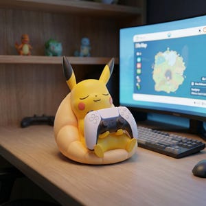 Op de afbeelding: Een gele Pikachu-figuur met een wit en zwarte gamecontroller, rustend op een beige kussen. De figuur staat op een houten bureau, met een computermonitor met een spelkaart op de achtergrond.