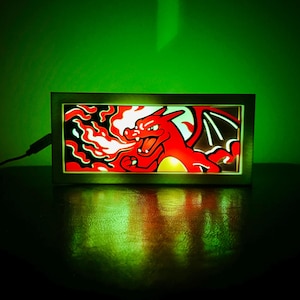 Puede incluir: Una obra de arte rectangular e iluminada que presenta un dragón de dibujos animados rojo y negro que escupe fuego. La obra de arte está enmarcada en plata y emite un brillo cálido. El fondo es de un verde vibrante, creando un contraste llamativo.