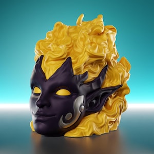 May include: A sculpted bust featuring a stylized face with a dark purple mask and yellow eyes. The bust has voluminous, golden-yellow hair. The mask has silver accents. The background is a gradient of blue.