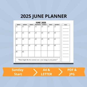 Calendario de junio de 2025 imprimible - Descarga instantánea - Inicio en domingo - Tamaño A4, Carta - PDF y JPG digitales, Diseño moderno