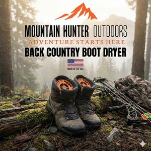 May include: A pair of brown hiking boots with orange circular fan inserts inside, positioned on a mossy log. Text reads: MOUNTAIN HUNTER OUTDOORS, ADVENTURE STARTS HERE, BACK COUNTRY BOOT DRYER, MADE IN THE USA with an American flag icon.