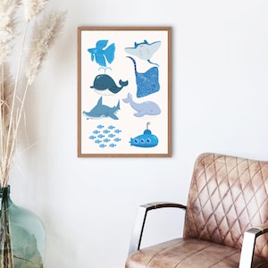 Cute Under the Sea Poster,Ocean Animals Wall Art,Digital Download, Whales, Sharks, Fish & Submarine Illustration,Kids Room Decor ,Nautical