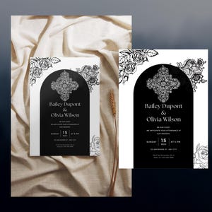 Black and white wedding invitation digital template, printable cross black-and-white wedding invitations PDF, Modern Gothic Wedding Invite