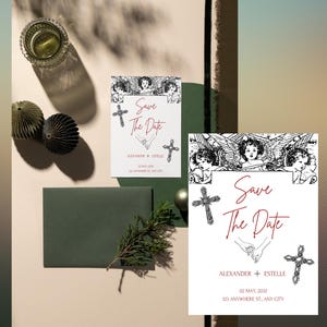 Elegante Save the Date Designs, romantische rustikale Einladungskarten, engelhafte Hochzeitsdesigns, klassische katholische Hochzeitskarten, Sacred Union Digital