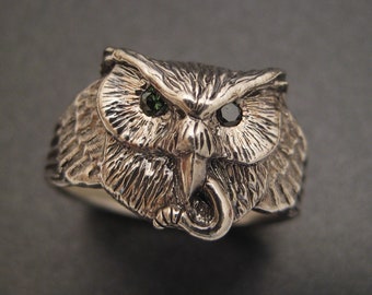 Sterling Silver Owl Ring with Diamond Eyes