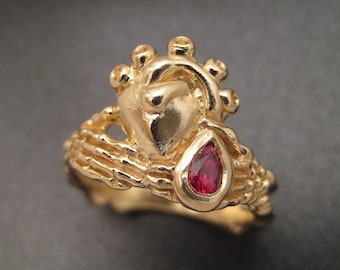 14K Gold Skeletal Claddagh Ring with Ruby