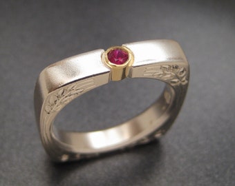 Engraved Sterling Wedding Ring with Ruby