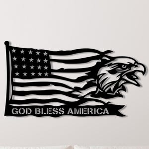 God Bless America Metal Wall Art – Patriotic Flag and Eagle Decor, Rustic Metal Sign, Gift for Veterans, USA Wall Decoration
