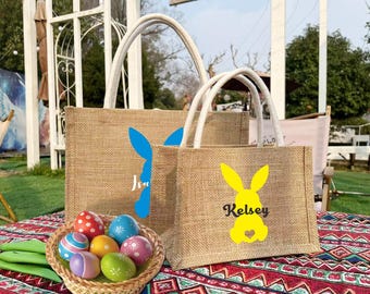 Borsa di Pasqua in tela di iuta personalizzata: disegno coniglietto, caccia alle uova per bambini
