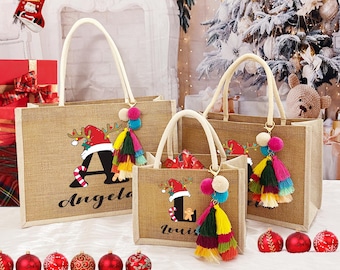 Personalized Burlap Christmas Gift Bag: Custom Name Charm