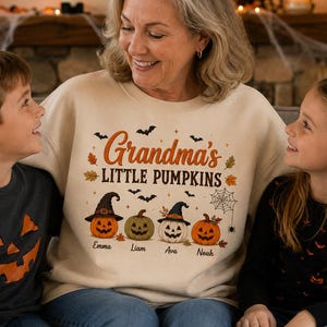 Personalized Grandma's Little Pumpkins Shirt, Custom Nana Halloween Crewneck, Mimi Fall Tee, Grandkid Names Sweatshirt, Spooky Fall Apparel