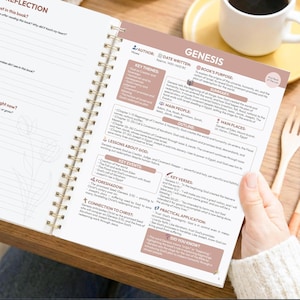 May include: A spiral-bound study guide open to a page titled Genesis, featuring sections on key themes, main people, an outline, lessons about God, key events, foreshadowing, connection to Christ, practical application, and a did you know box.