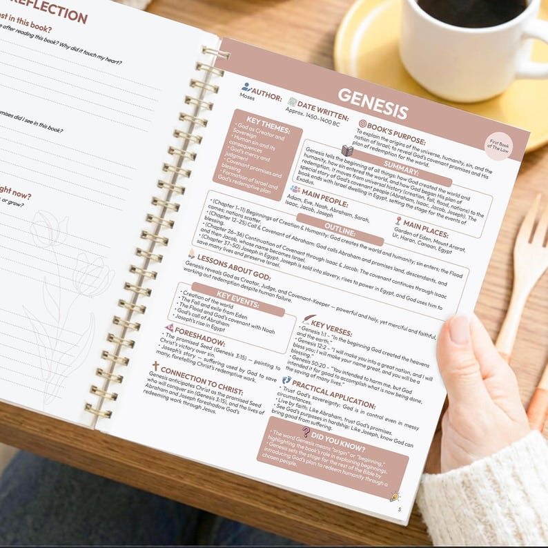 May include: A spiral-bound study guide open to a page titled Genesis, featuring sections on key themes, main people, an outline, lessons about God, key events, foreshadowing, connection to Christ, practical application, and a did you know box.