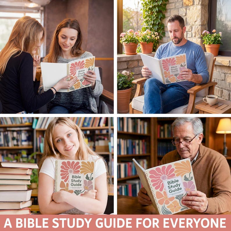 May include: A spiral-bound Bible Study Guide featuring a colorful floral pattern on the cover with pink, orange, and cream petals. The book displays the text Bible Study Guide in a clear font on the front cover, showcasing a consistent design.