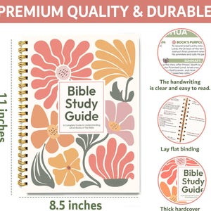 May include: A spiral-bound Bible Study Guide measuring 11 inches by 8.5 inches. The cover features a floral pattern in shades of coral, peach, and sage green. The text reads Bible Study Guide A Complete Guide to Understanding All 66 Books of the Bible.