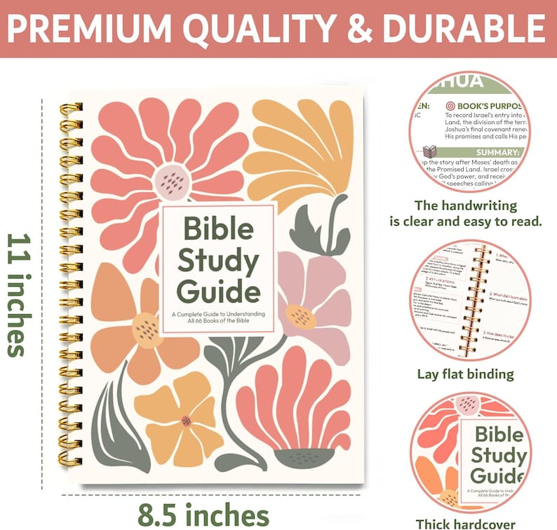 May include: A spiral-bound Bible Study Guide measuring 11 inches by 8.5 inches. The cover features a floral pattern in shades of coral, peach, and sage green. The text reads Bible Study Guide A Complete Guide to Understanding All 66 Books of the Bible.