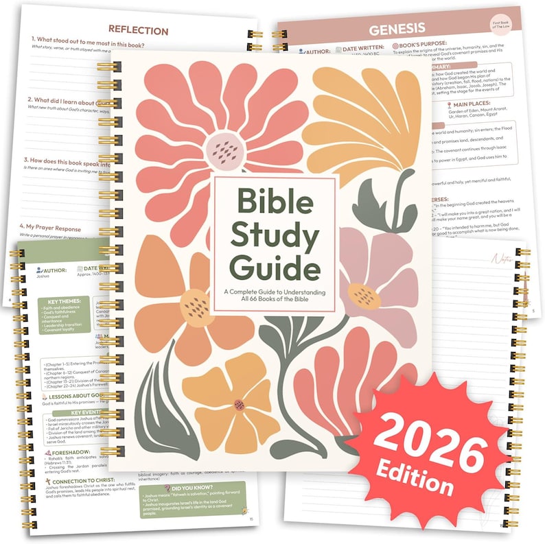 May include: A spiral-bound Bible Study Guide with a cream cover featuring large, stylized floral illustrations in shades of coral, peach, and sage green. The text reads Bible Study Guide, A Complete Guide to Understanding All 66 Books of the Bible, and 2026 Edition on a red starburst graphic.